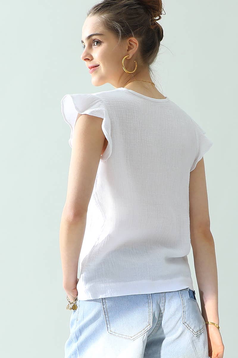 CWTTS688_V NECK BUTTERFLY RUFFLE TUNIC TOP