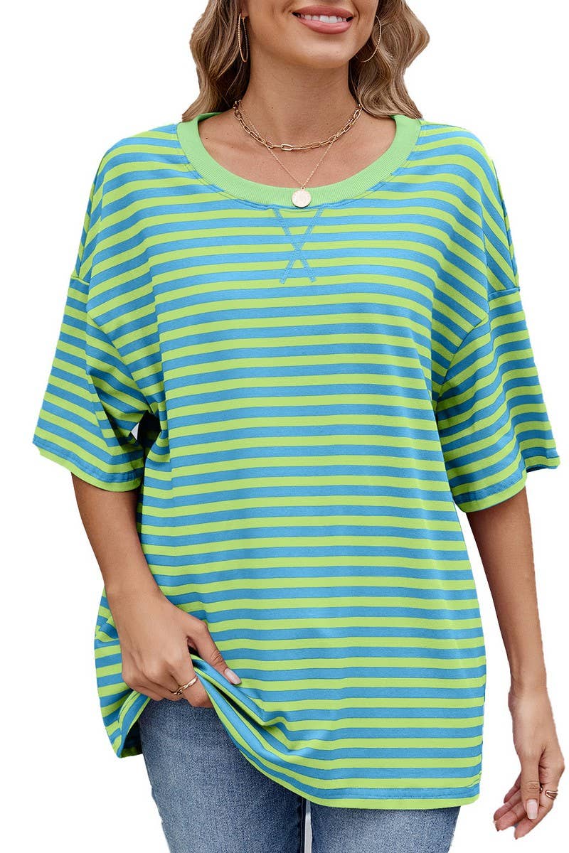 CWTBLS1736_STRIPED CONTRAST LOOSE SHORT-SLEEVED T-SHIRT TOP