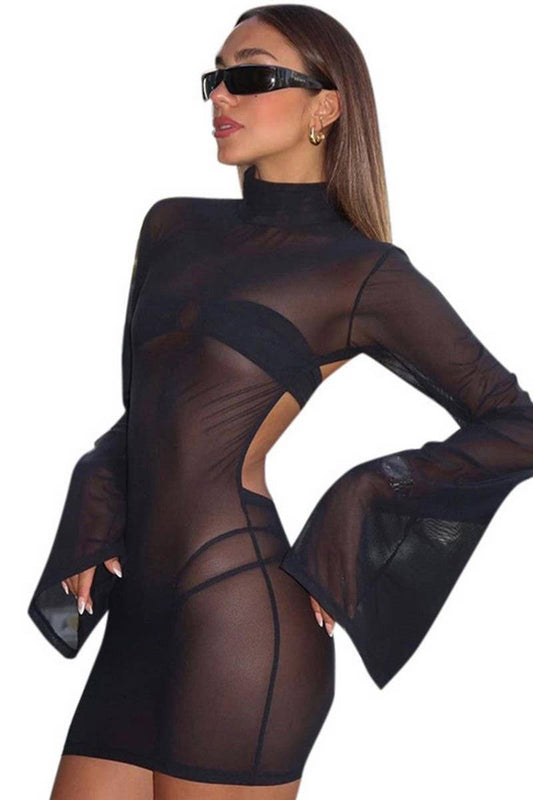 CWDSD7961_BACKLESS MESH FLARE SLEEVE BODYCON MINI DRESS