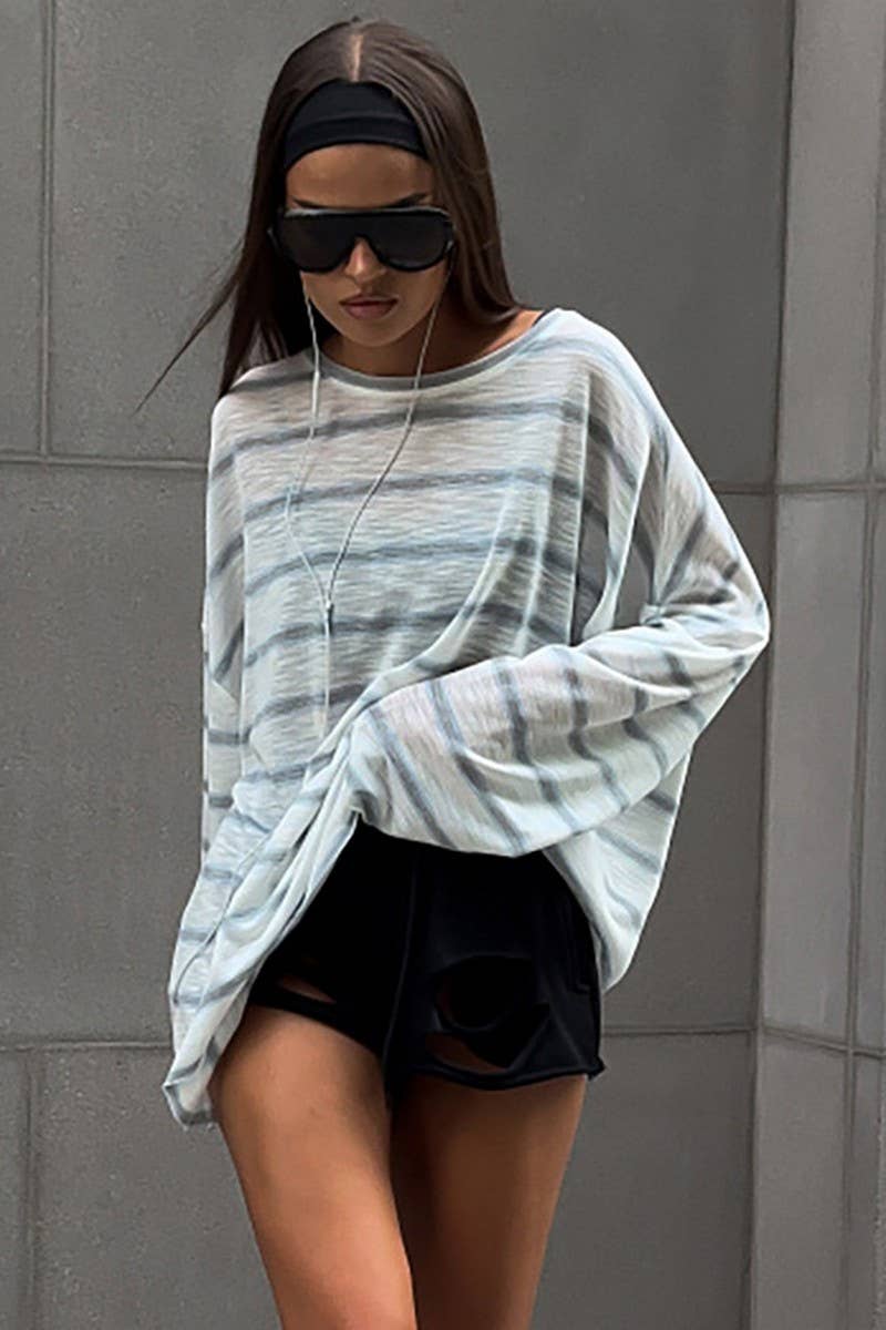CWTBLL00601_LOOSE CREW NECK STRIPED SEMI-SHEER T-SHIRT