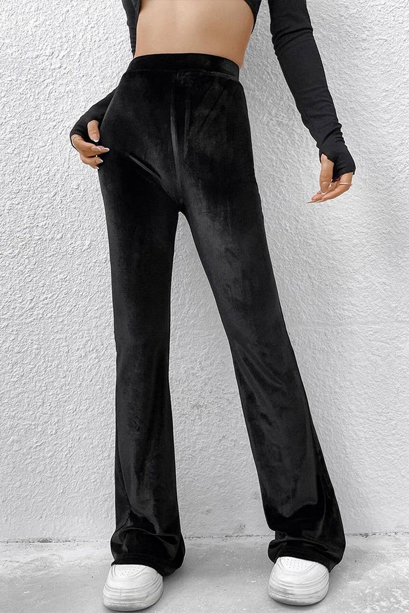 CWBLP1421_HIGH-WAISTED VELVET SLIM-FIT FLARED TROUSERS
