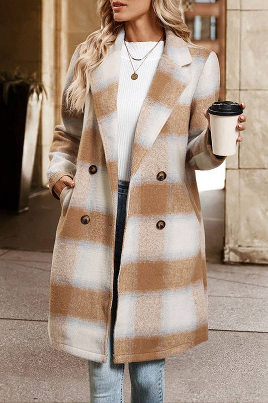 CWOCO00165_CASUAL VINTAGE DOUBLE-BREASTED PLAID BLAZER COAT