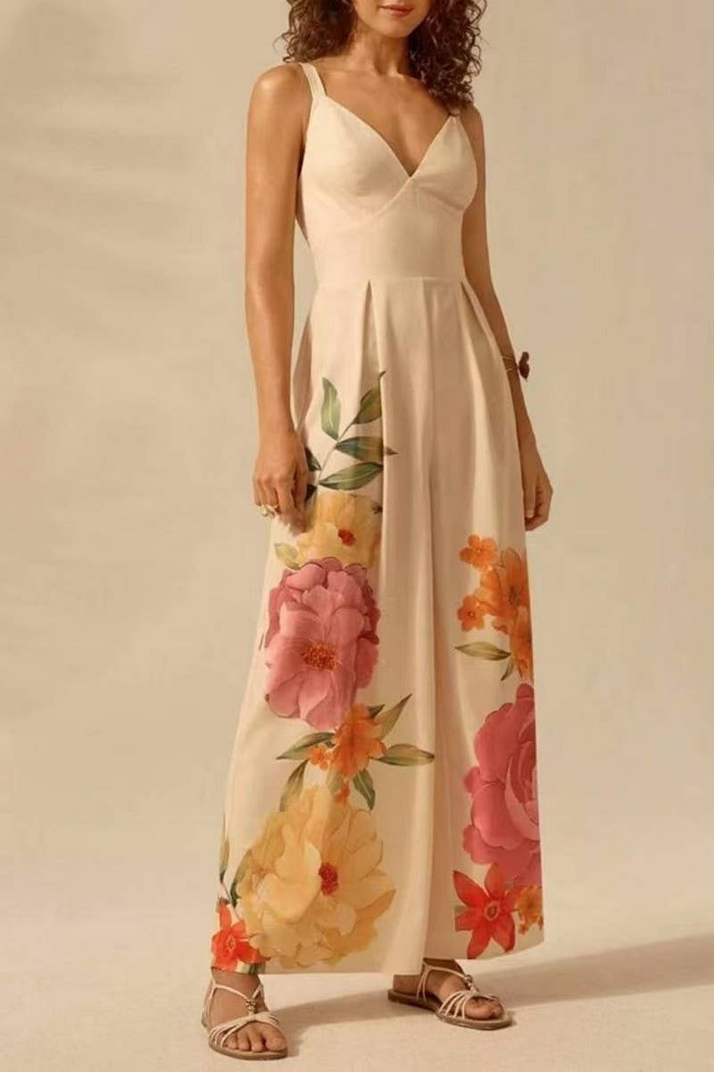 CWSJS1705_V-NECK TRENDY FLORAL CAMI WIDE LEG JUMPSUIT