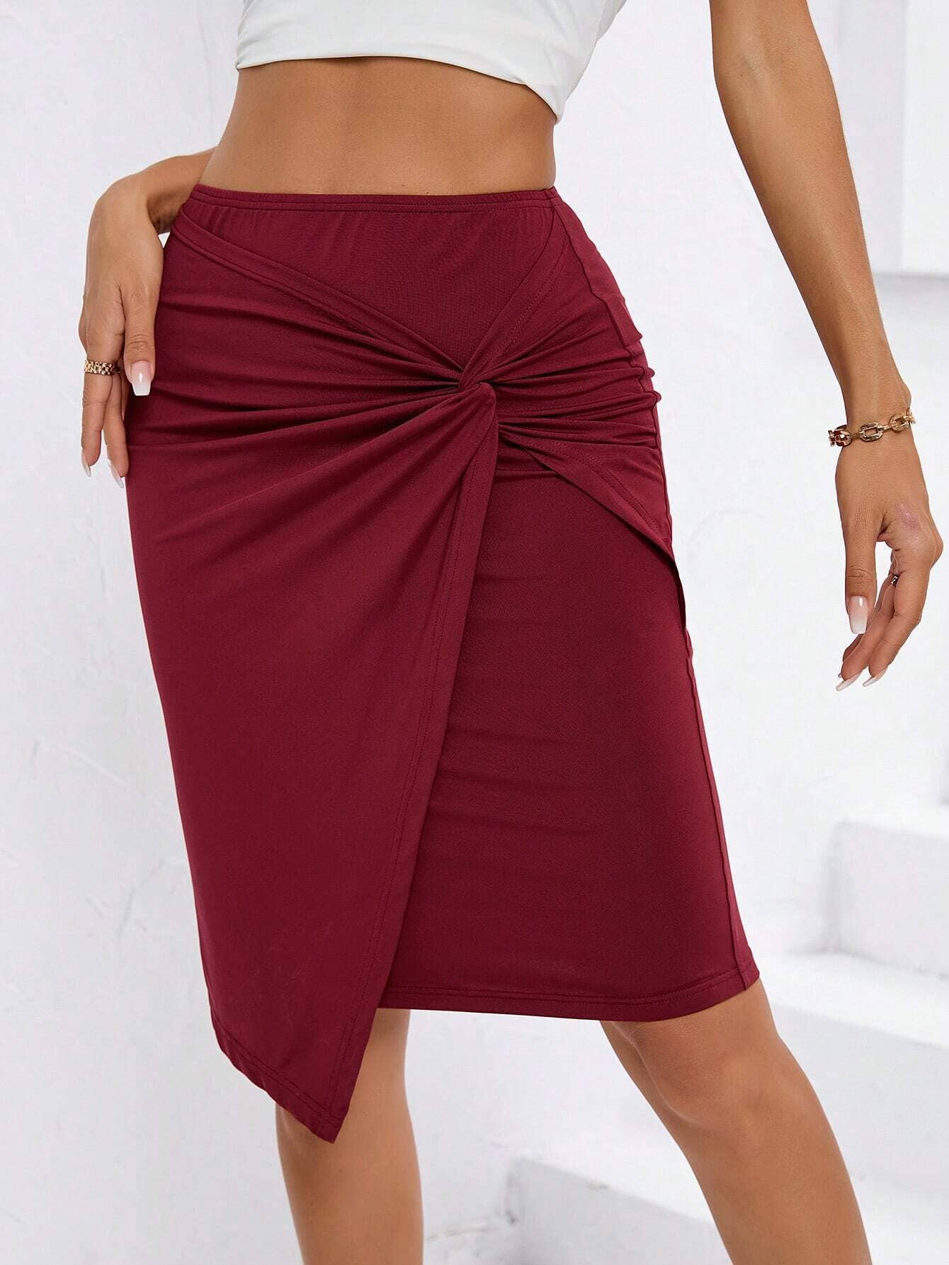 ELASTIC WAIST TWIST IRREGULAR HIP WRAP SKIRT