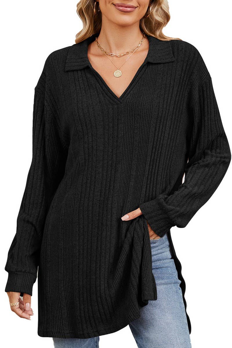 CWTBLL2351_SOLID COLOR V-NECK LONG SLEEVE SLIT T-SHIRT TOP