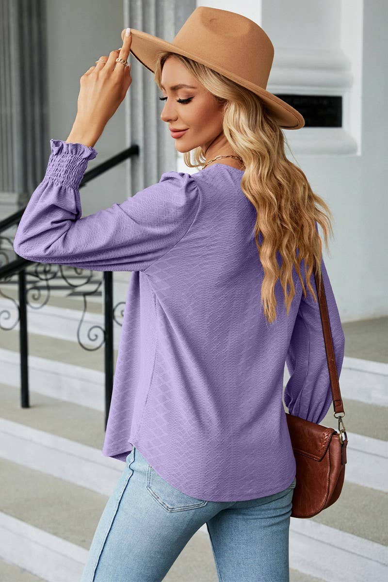 CWTBLL0194_WOMEN SQAURE NECK SHIRRED CUFF LONG SLEEVE BLOUSE