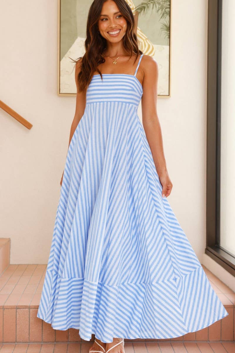 CWDMD5984_STRIPED POCKET PRINT BACKLESS FLOWY DRESS