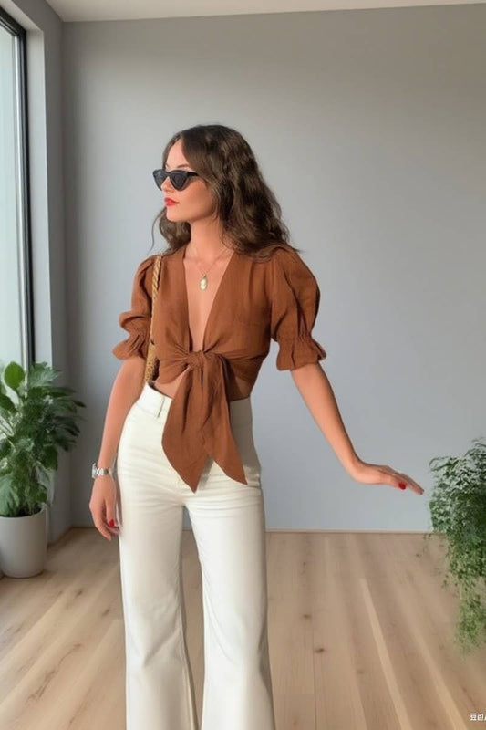 CWTBLS2349_SOLID COLOR LACE-UP CARDIGAN CROPPED TOP SHIRT