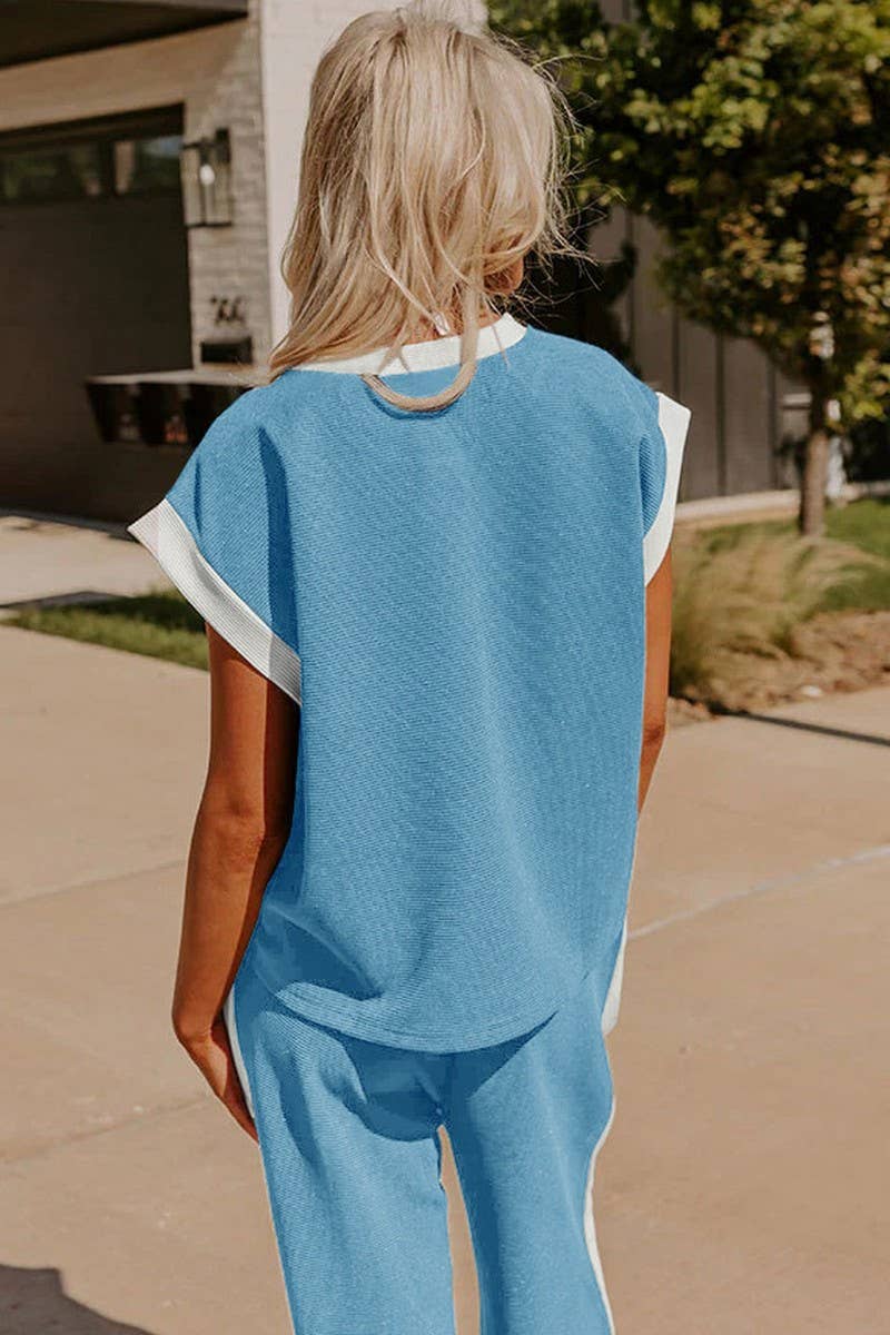 CWSTB1672_CONTRAST COLOR CREW NECK STRAIGHT PANTS SUIT