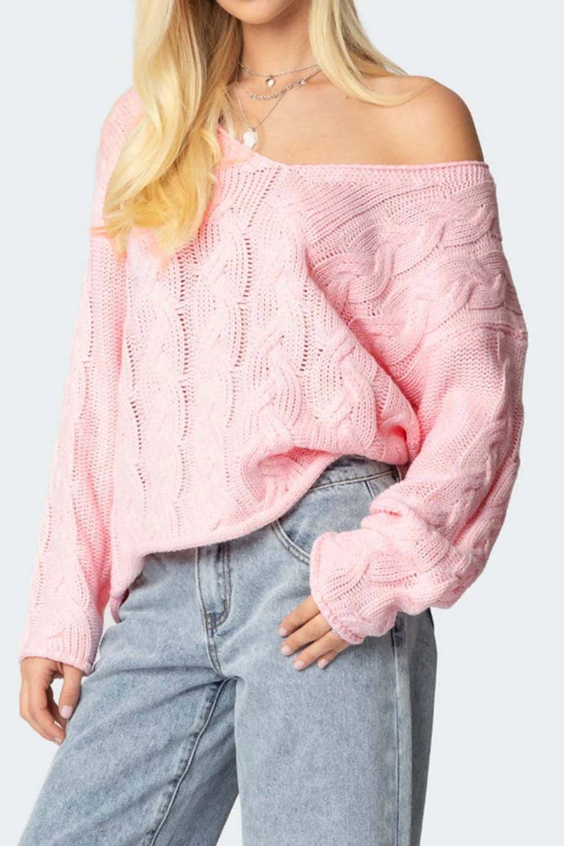 CWOSWL07422_LOOSE V NECK CABLE KNIT PULLOVER SWEATER