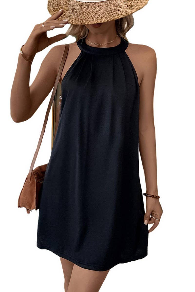 CWDHL0436_BLACK SLEEVELESS HALTER DRESS