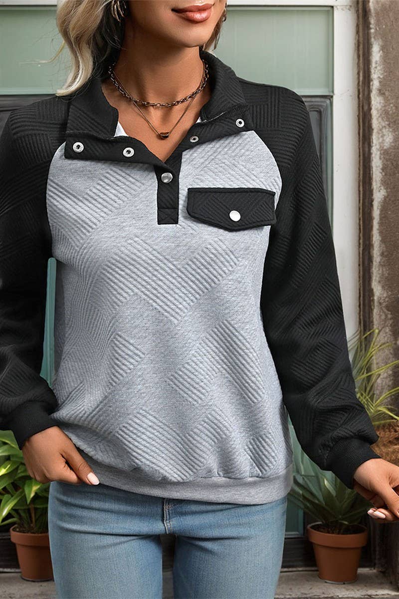 CWTBLL1250_CONTRAST COLOR STAND COLLAR TEXTURED SWEATSHIRT