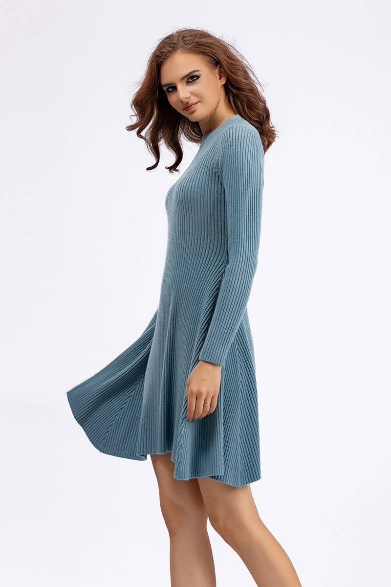 CWDSD10804_SOLID KNIT LONG SLEEVE A-LINE BODYCON DRESS