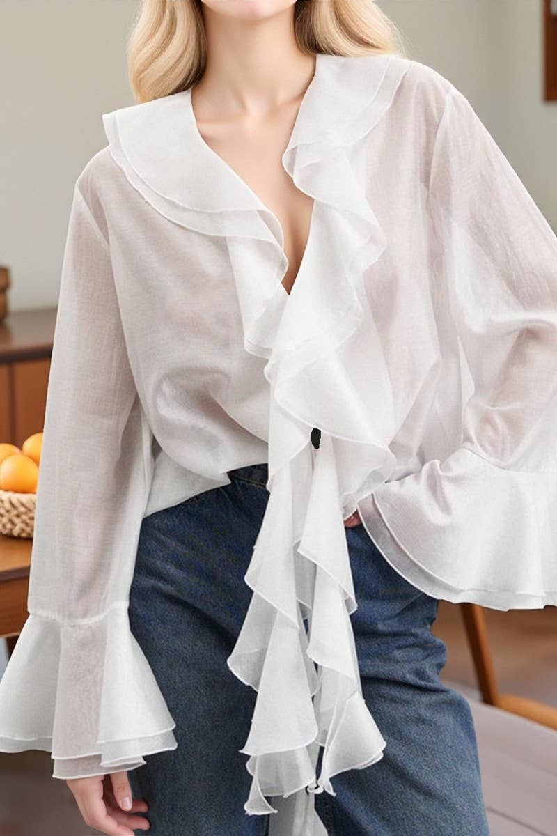 CWTBLL555_SOLID COLOR V-NECK RUFFLED LACE-UP SHIRT