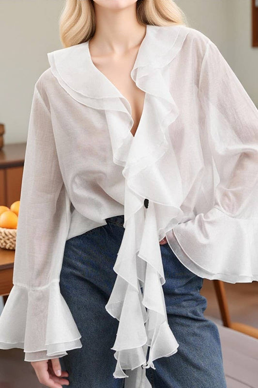 CWTBLL555_SOLID COLOR V-NECK RUFFLED LACE-UP SHIRT