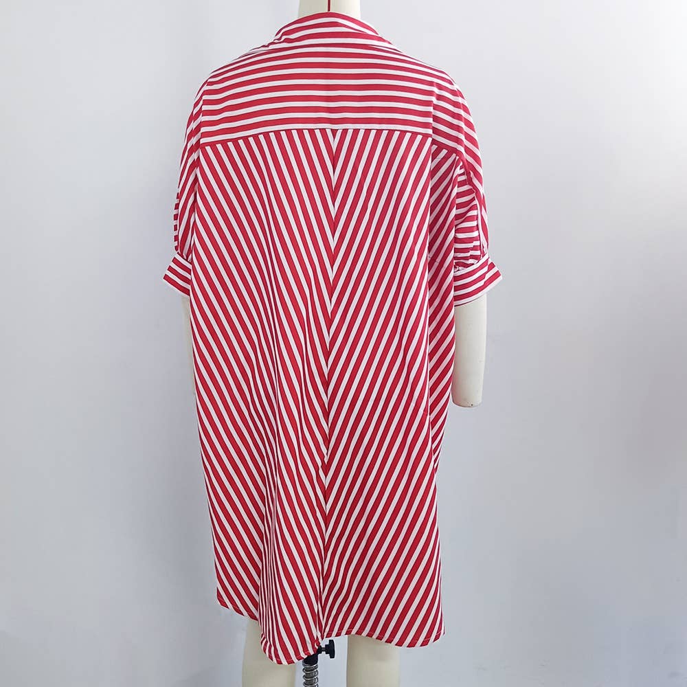 BAT-SLEEVED LOOSE DOVETAIL TREND STRIPED SHIRT