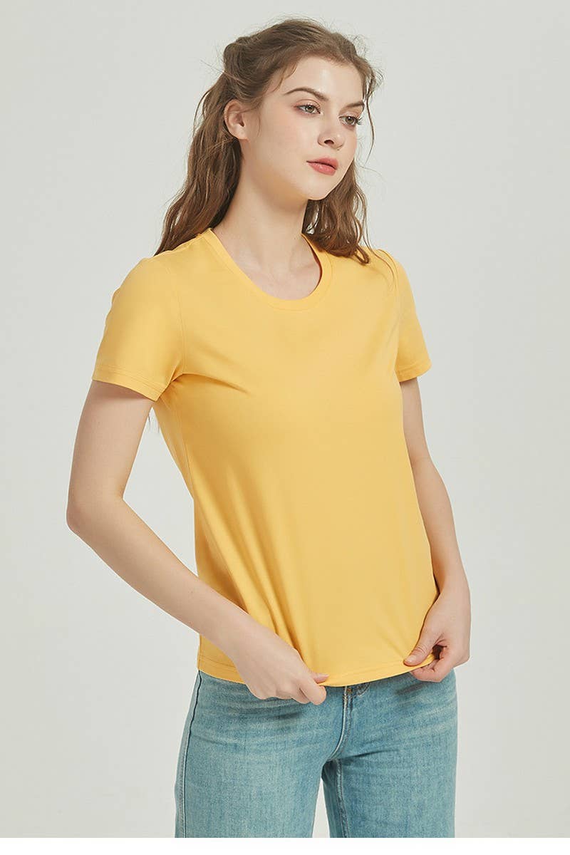CWTTS1039_SOLID COLOR CASUAL ROUND NECK WOMEN T-SHIRT