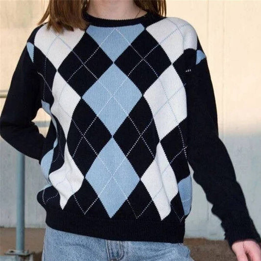 DIAMOND CHECK LOOSE BASE PULLOVER SWEATER_CWOSWL6393