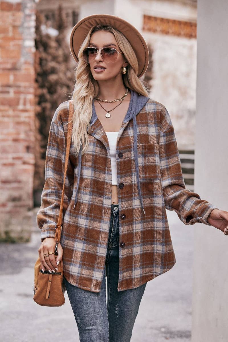 CWTSTL2181_FLANNEL PLAID HOODED LONG-SLEEVED SHIRT JACKET