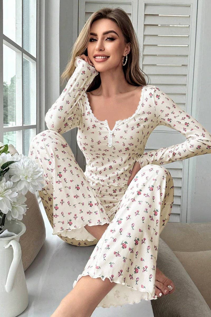 CWSPJ00471_FLORAL LONG SLEEVE TOP AND PANTS LOUNGEWEAR SET