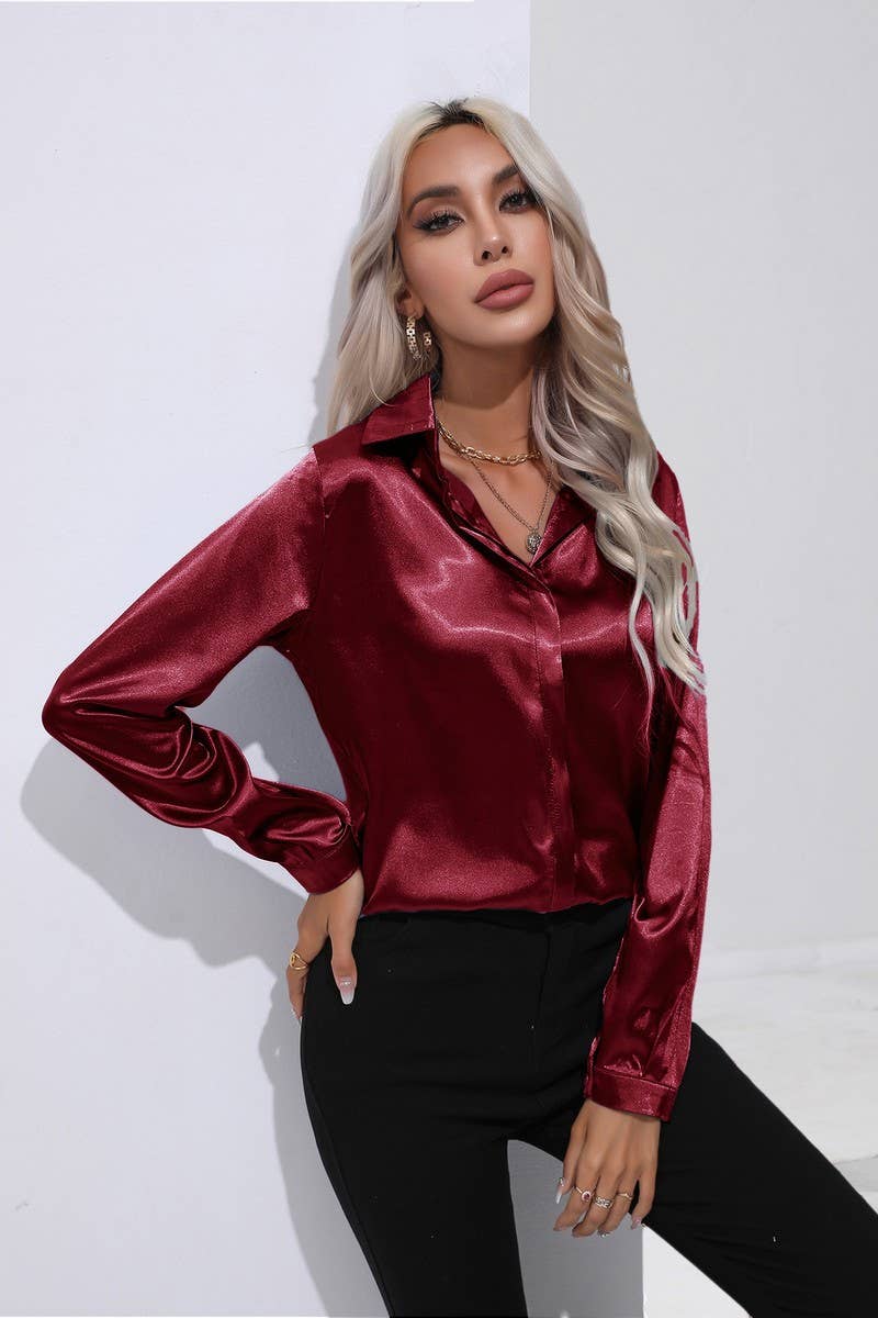 CWTBLL0692_Button Down Silky Satin Long Sleeve Top