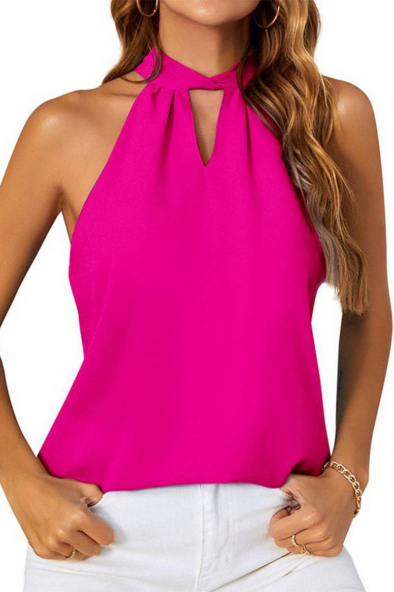 CWTBLSL0587_SOLID COLOR CHIFFON HALTERNECK PULLOVER VEST