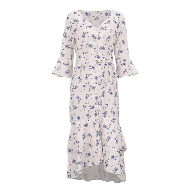 ASYMMETRICAL DESIGN V-NECK FLARED SLEEVE DRESS_CWDMD01096