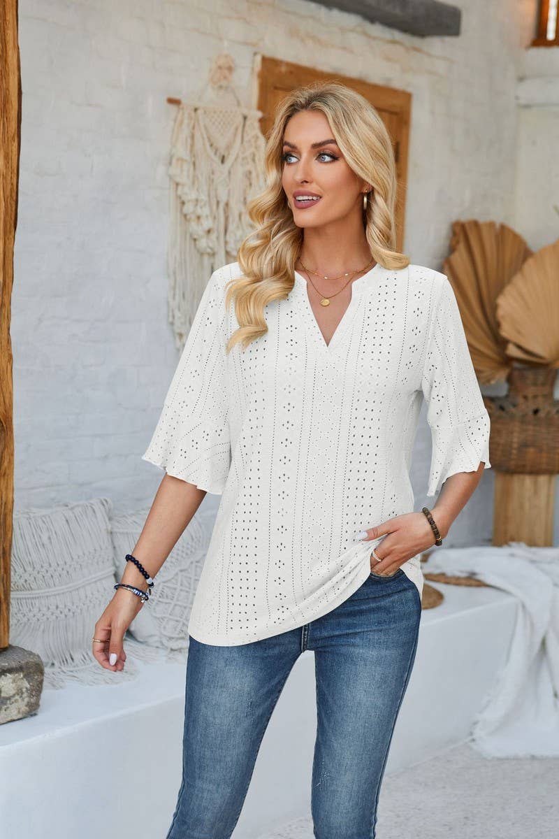 CWTTS00711_LOOSE V-NECK THREE-QUARTER SLEEVE TOP