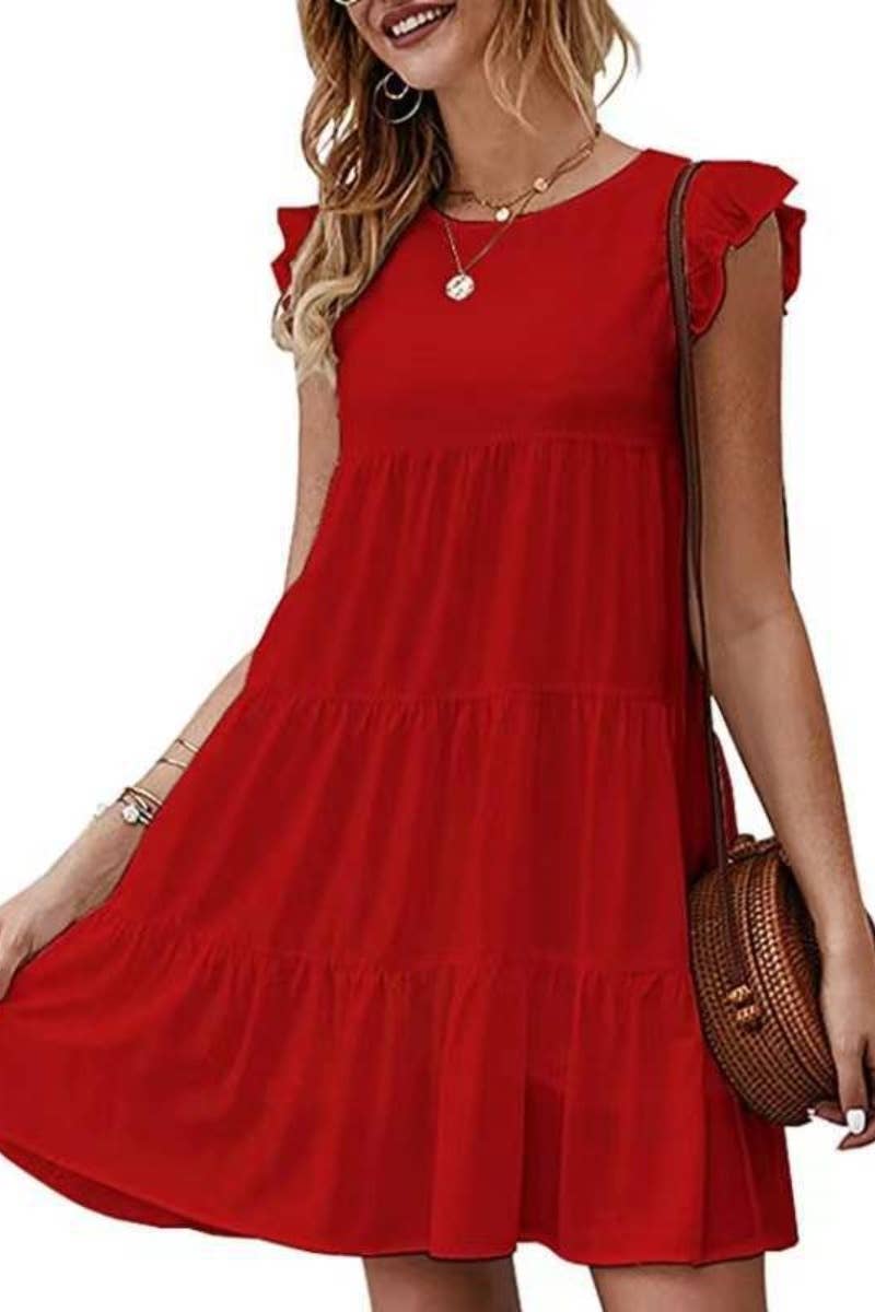 CWDSD4891_SUMMER CREW-NECK SHORT-SLEEVED CAKE DRESS