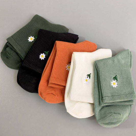 Solid Color Daisy Socks, Cotton Mid-Calf Style_CWMS088
