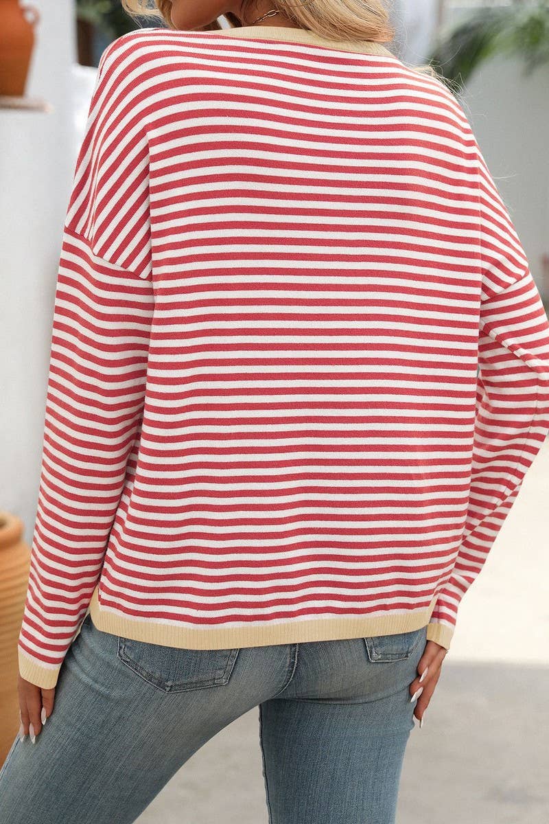 CWOSWL4272_ROUND NECK STRIPED CONTRAST COLOR CASUAL SWEATER