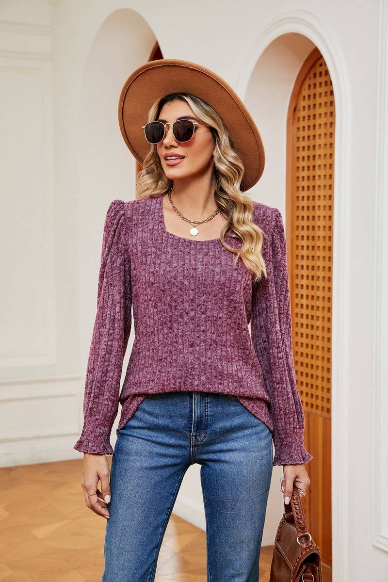 CWTBLL2404_SQUARE NECK LONG SLEEVE RIBBED RUFFLE SLEEVE TOP