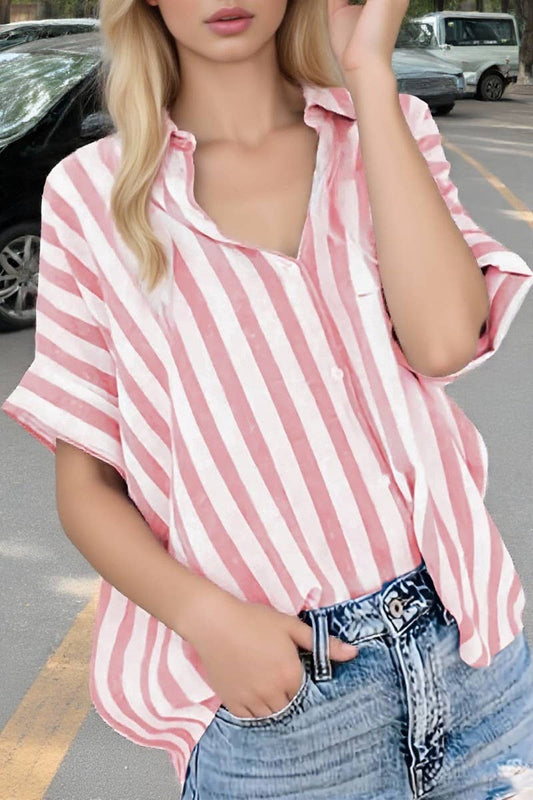 CWTBLSL0993_CASUAL LOOSE TWO-TONE STRIPED CARDIGAN SHIRT