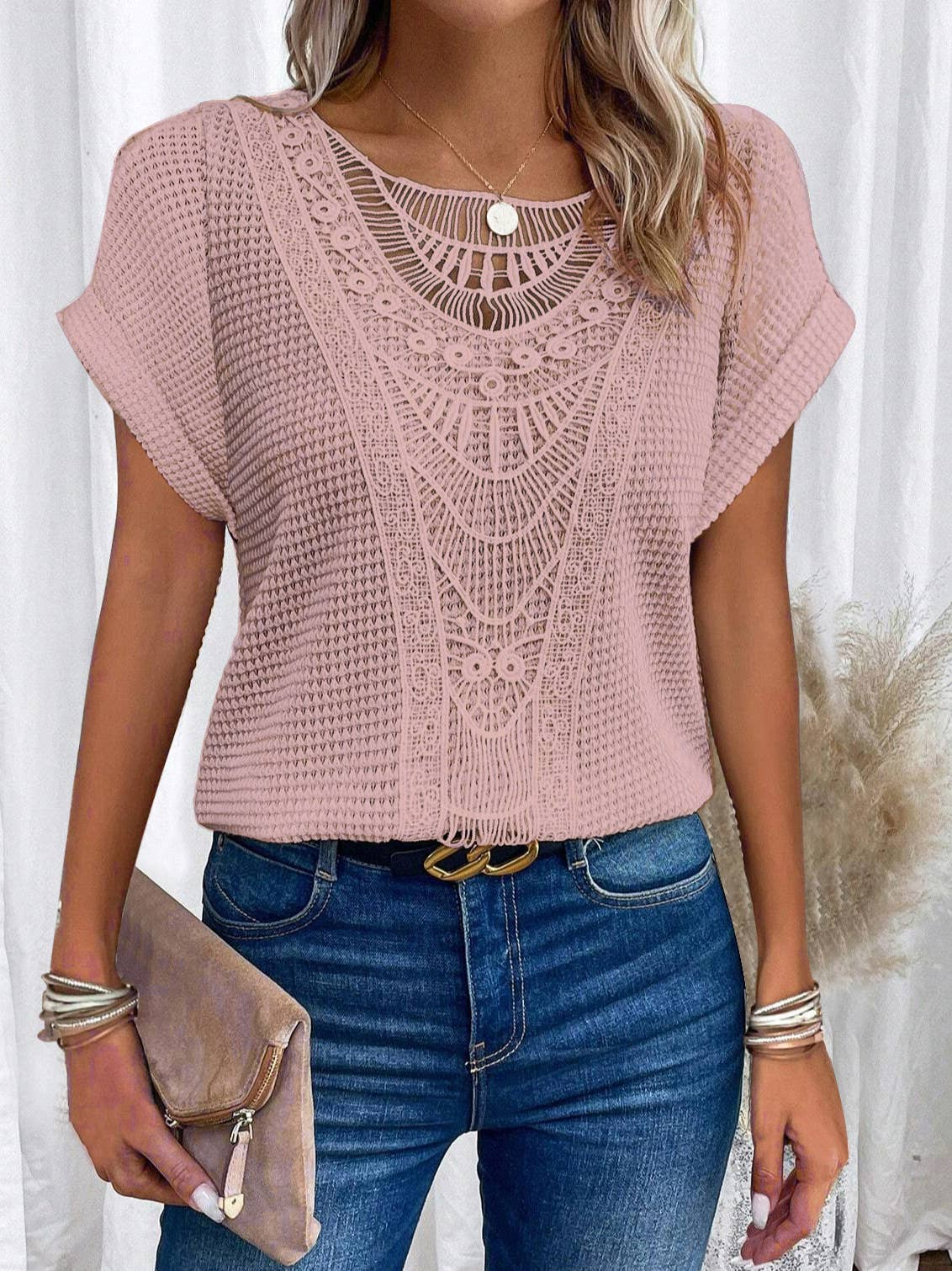 CUT-OUT LACE PATCHWORK SHORT SLEEVE T-SHIRT