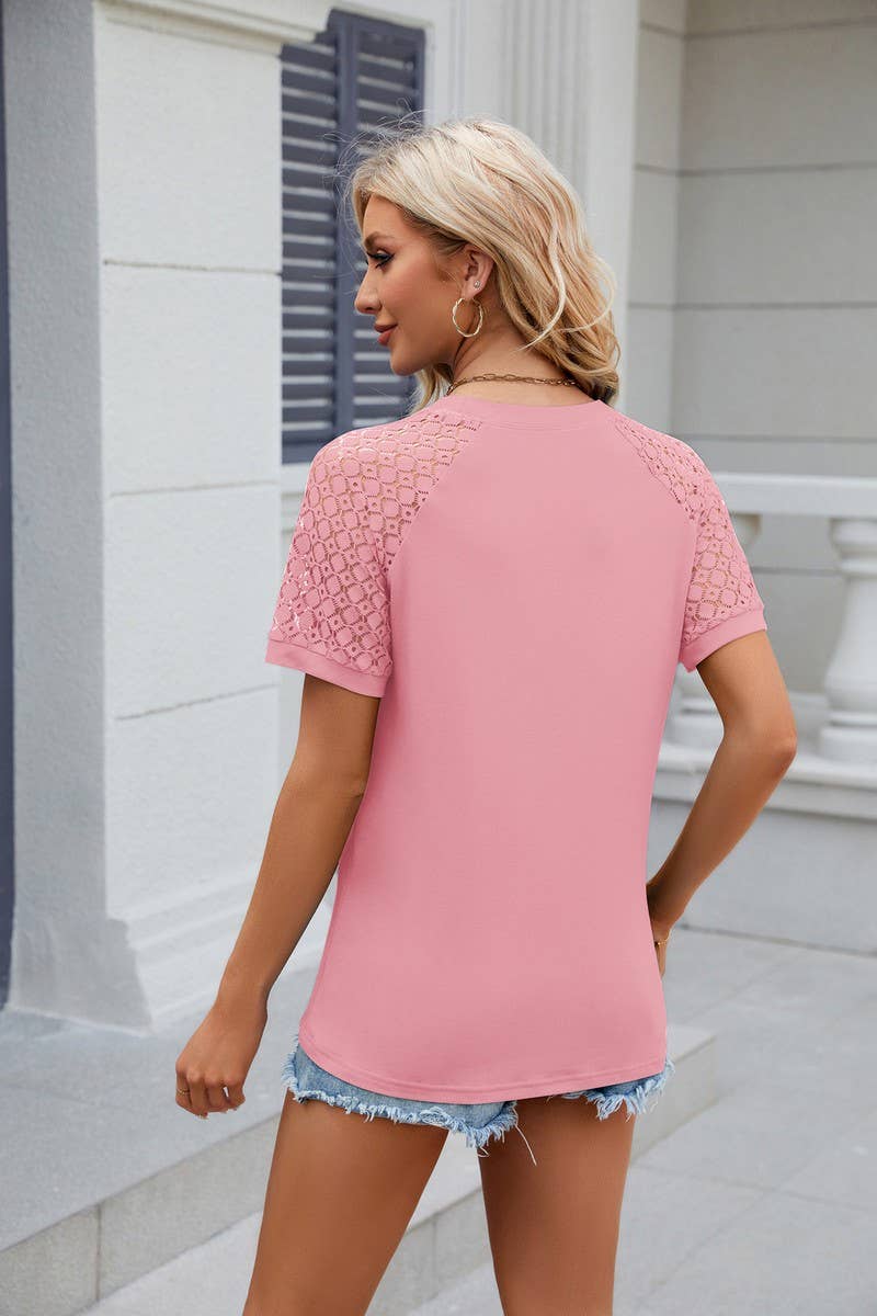 CWTTS0812_Round Neck Contrast Lace Short  Sleeve Blouse