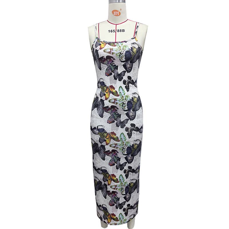 BUTTERFLY PRINT SEXY SLIM-FIT HALTER DRESS