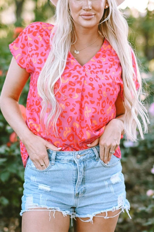 CWTBLS1386_SUMMER V-NECK SHORT SLEEVE LEOPARD PRINT TOP