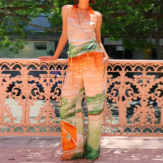 Casual halter wide-leg pants printed Jumpsuit