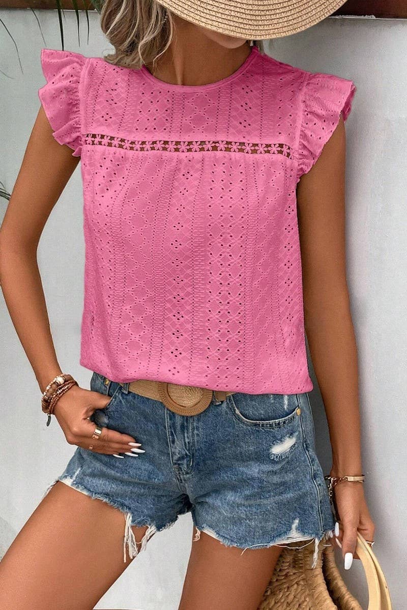 CWTBLS0605_ ROUND NECK LACE RUFFLE SHORT SLEEVE BLOUSE TOP