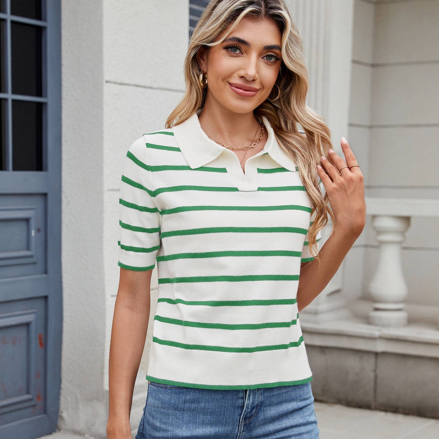 CASUAL COLOR STRIPED SWEATER WITH LAPEL NECK