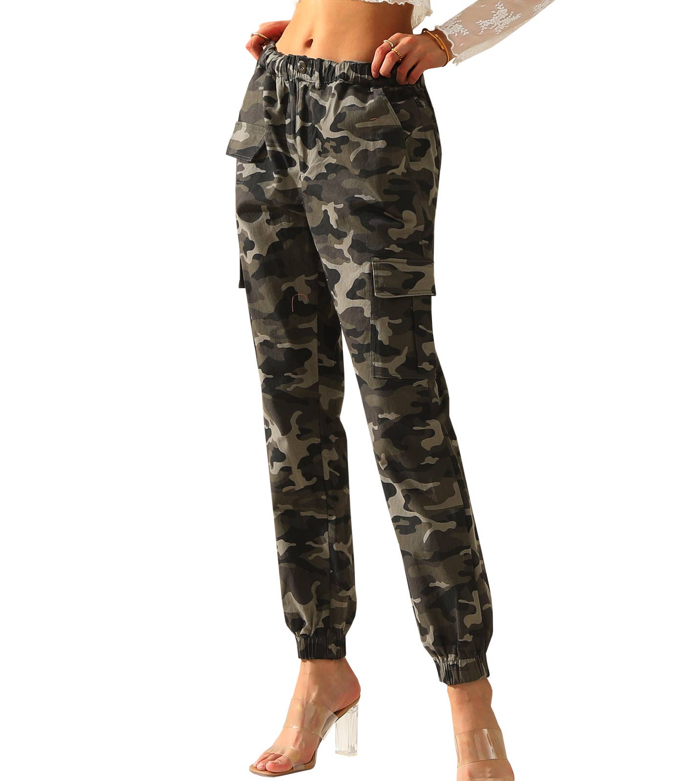CWBLP400-1_Elastic Waist Camo Cargo Pants Cotton Work Pants
