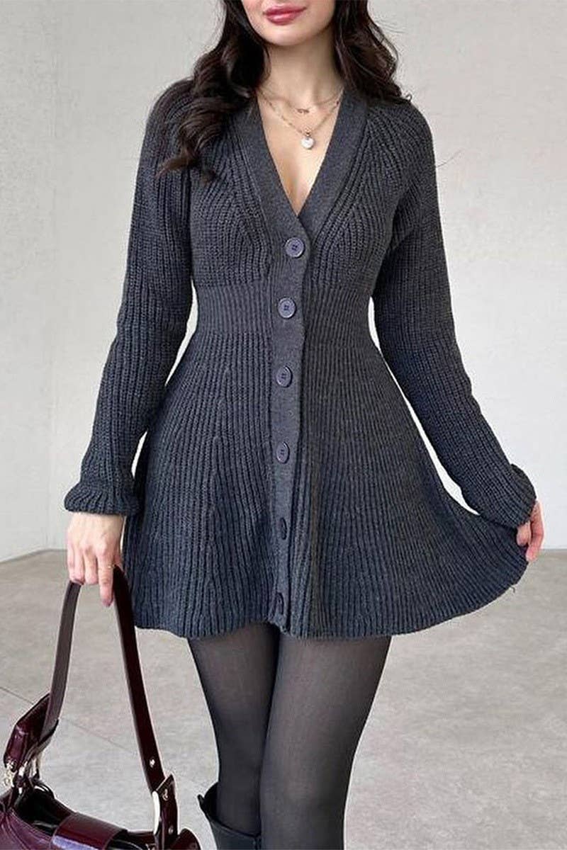 CWDSD10835_V-NECK SOLID LONG SLEEVE SWEATER DRESS