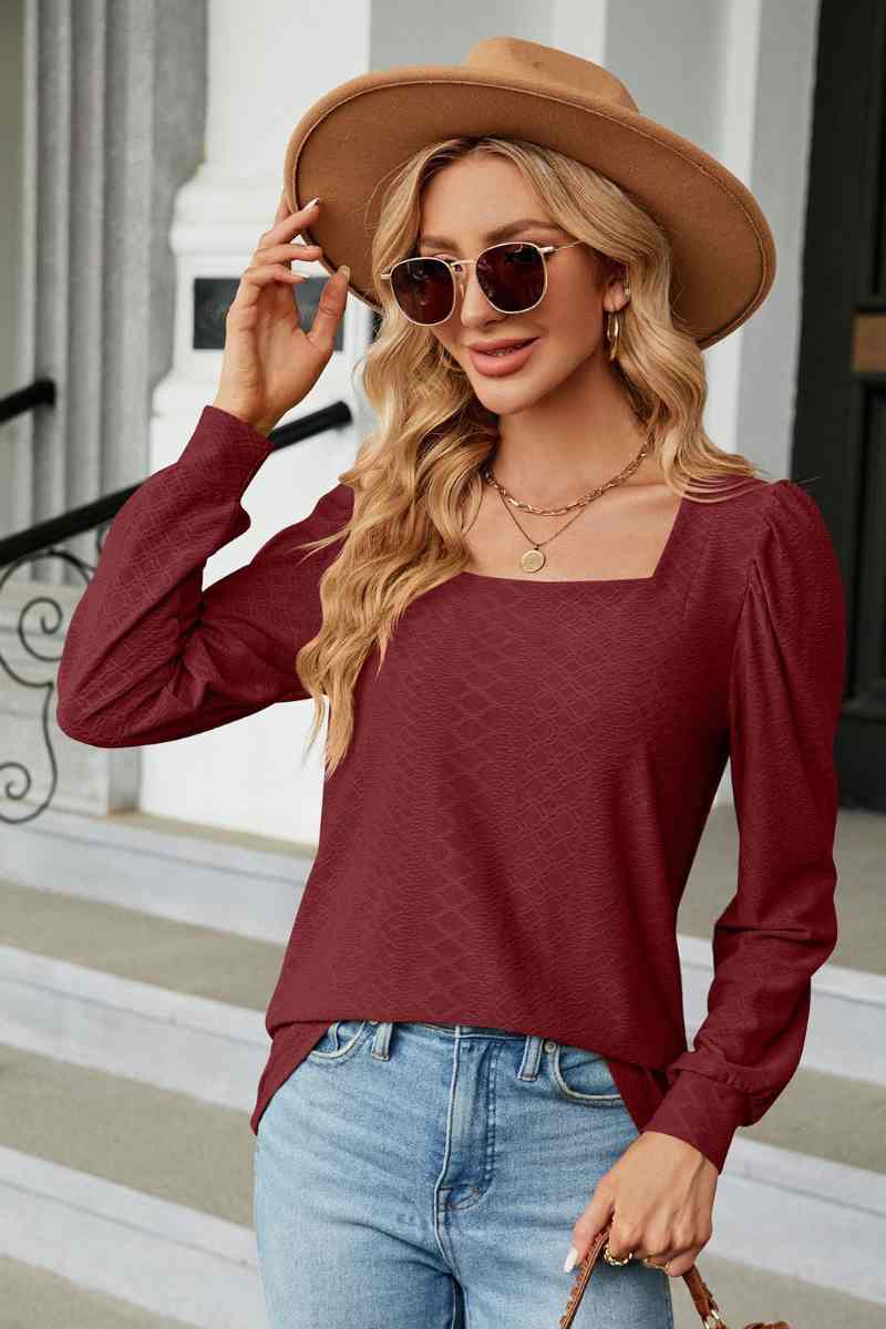 CWTBLL2832_AUTUMN SQUARE NECK JACQUARD LONG-SLEEVED TOP