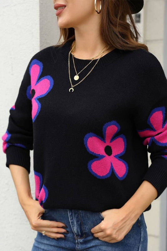 CWOSWL07599_FLORAL JACQUARD COLORBLOCK LOOSE KNIT TOP