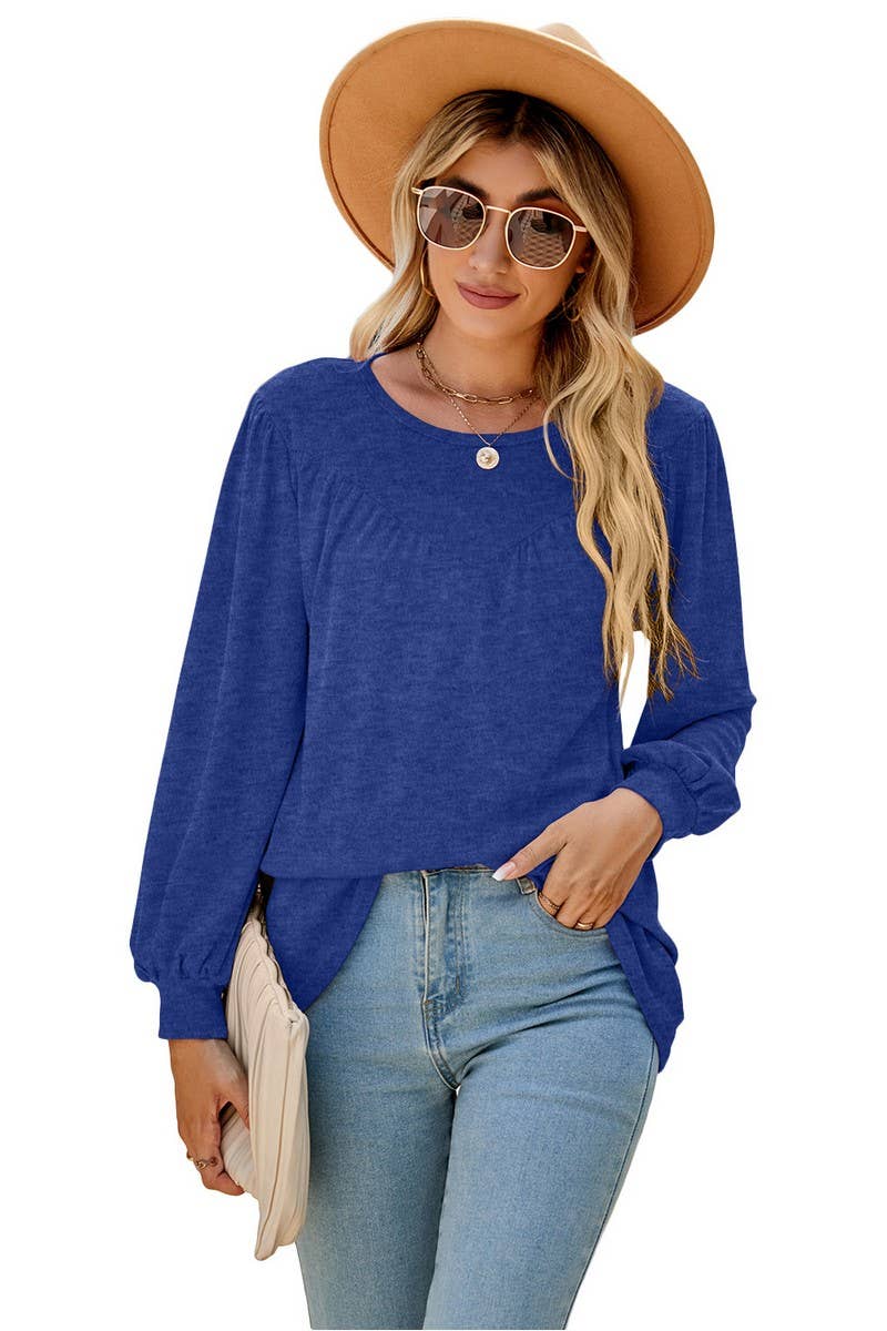CWTBLL3690_LOOSE CREW NECK CASUAL PLEATED TOP