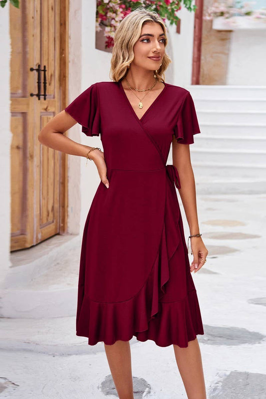 CWDSD2546_Deep V-Neck Wrap Short Sleeve Dresses