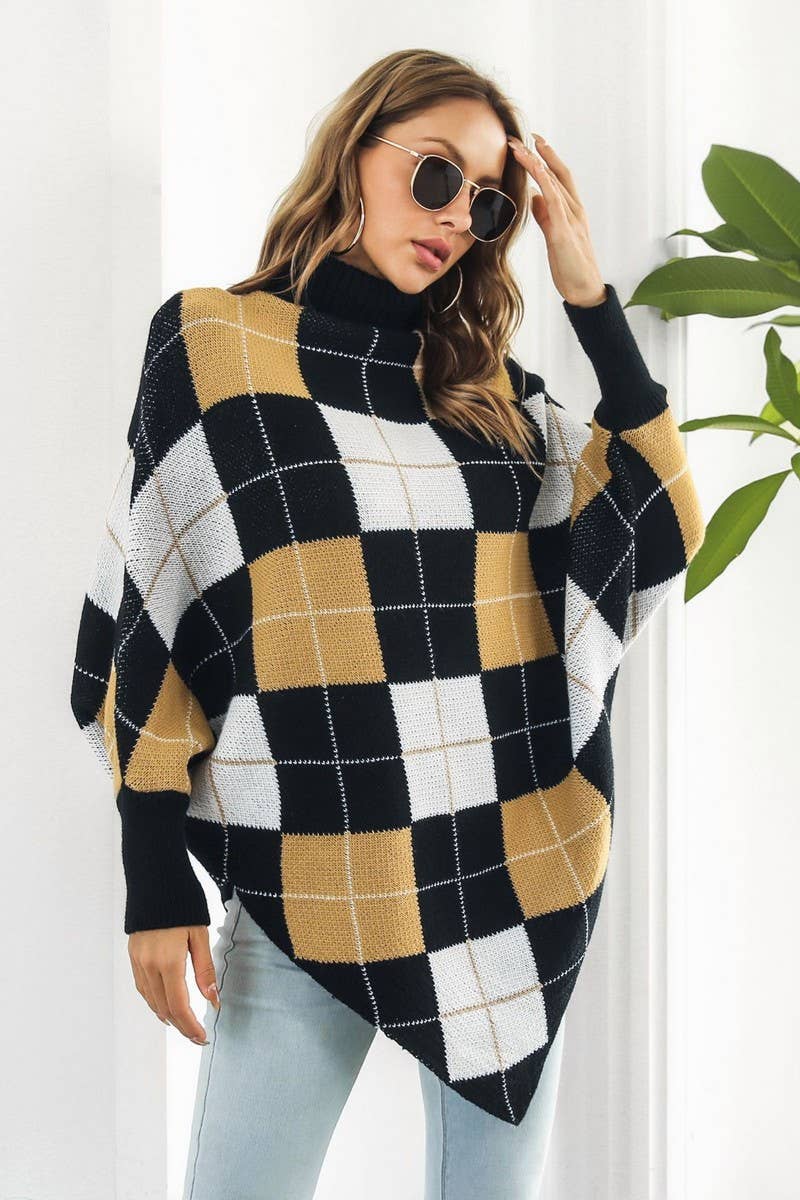 CWOSWL4078_PLAID JACQUARD CAPE MIDI HIGH NECK KNIT TOP