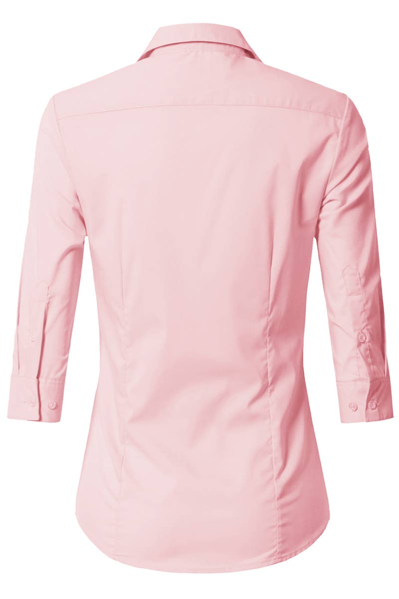 CWTSTS116_Basic Slim Fit Simple 3/4 Sleeve Button Down Shirt