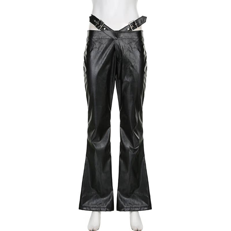 Button-up waist cutout PU leather casual pants