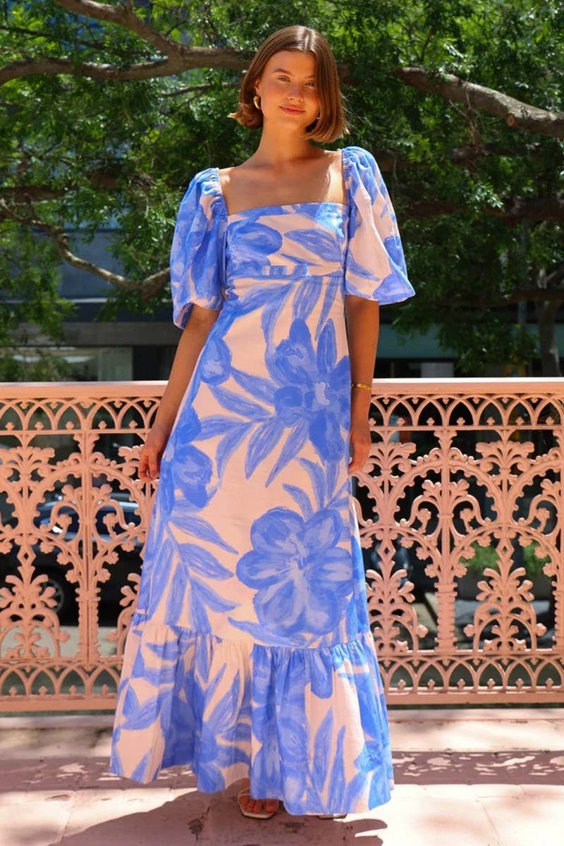 CWDMD5927_SQUARE NECK SLIM LANTERN SLEEVE FRENCH LONG DRESS